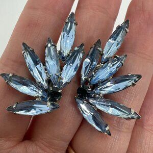 Vintage Icey Blue Glass Rhinestone Prong Set Silver Tone Glam Costume Earrings